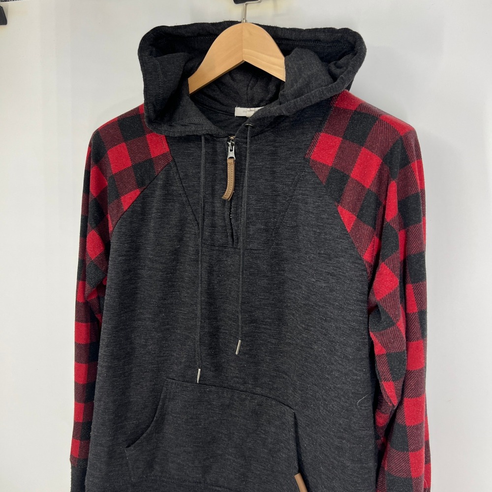 Maurices Womens Large Charcoal Grey Red Buffalo Plaid Quarter Zip Hoodie - Picture 4 of 10